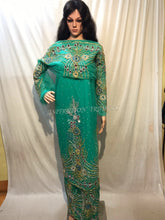 Load image into Gallery viewer, Sea Green Net Fabric Applique Designer African George Wrapper with Blouse  - NLVG113
