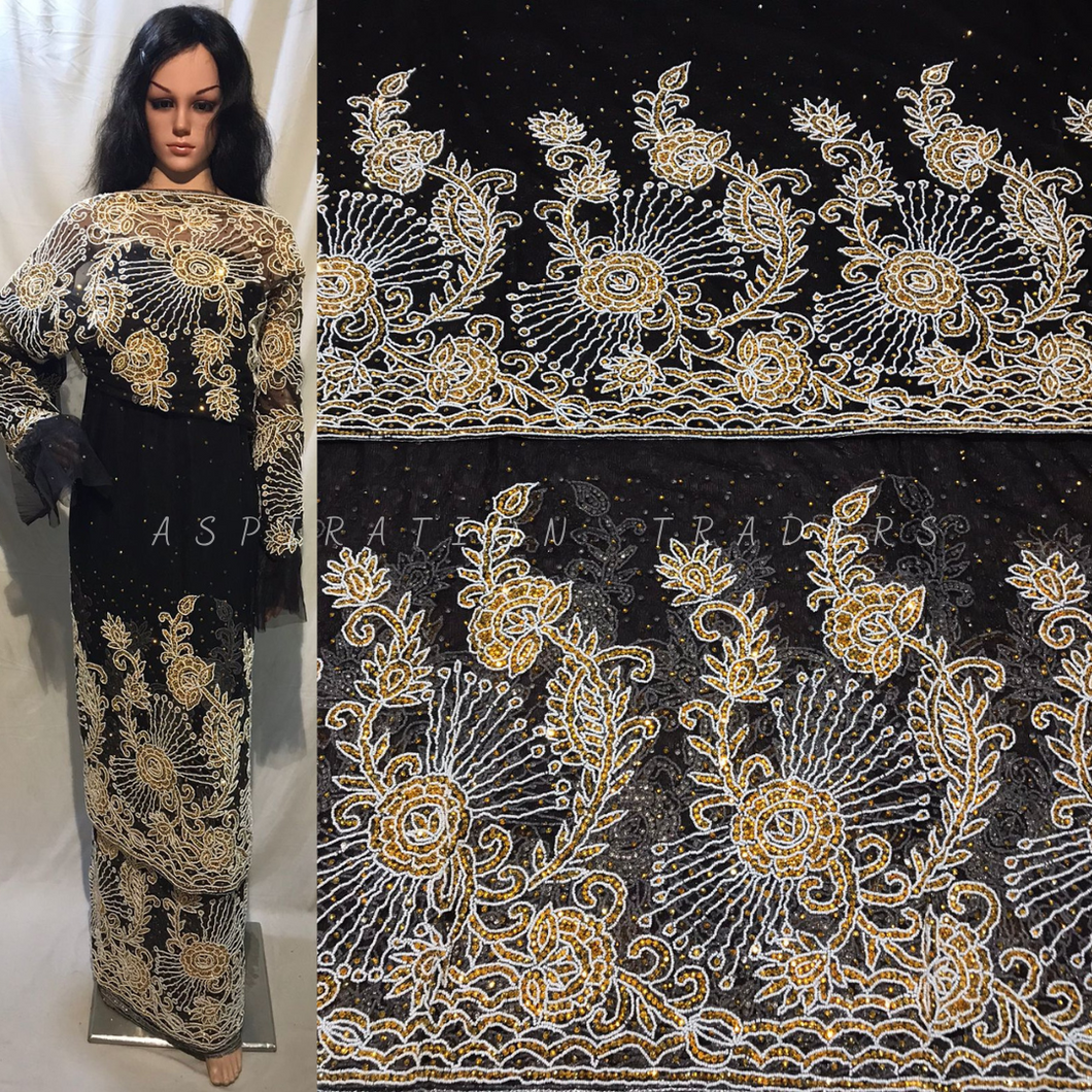 Black Color Net lace Hand Beaded Nigerian Asobie Goegre wrapper set - NLVG115