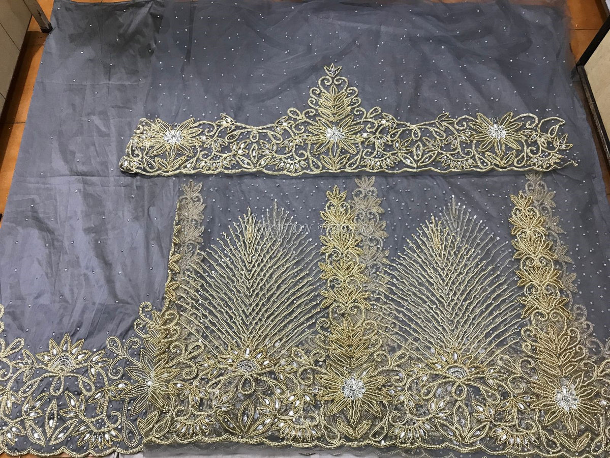 African Wedding New Trending Grey Color Net and Silk George Wrapper wi ...