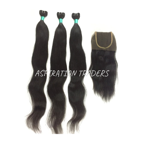 Virgin Natural Straight Hair Extension - 3 Bundles + 1 Closure - Aspiration Traders