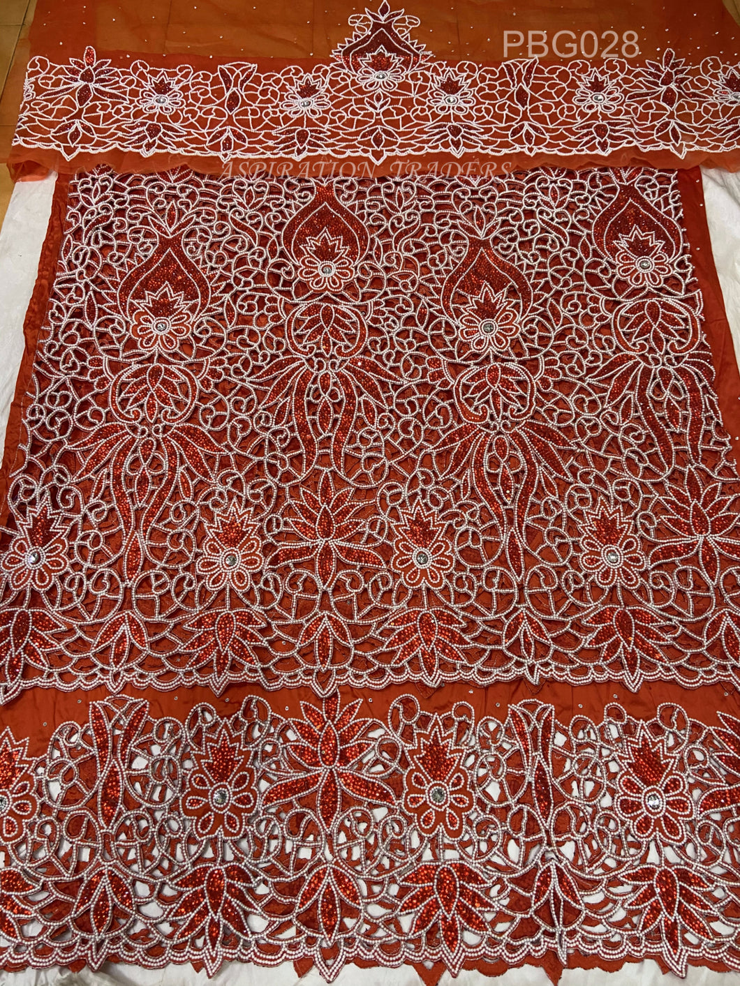 Red Color Pearl Heavy Beaded George With Fancy Cutwork For African Wedding- PBG028