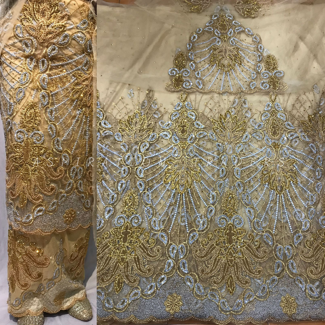Embroidered and beaded work Net Fabric Champange Gold color Taffeta George Wrapper set- RSG220