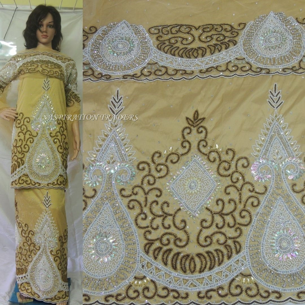 Golden Heavily Beaded Designer VIP Madam Silk George With Blouse - HB134