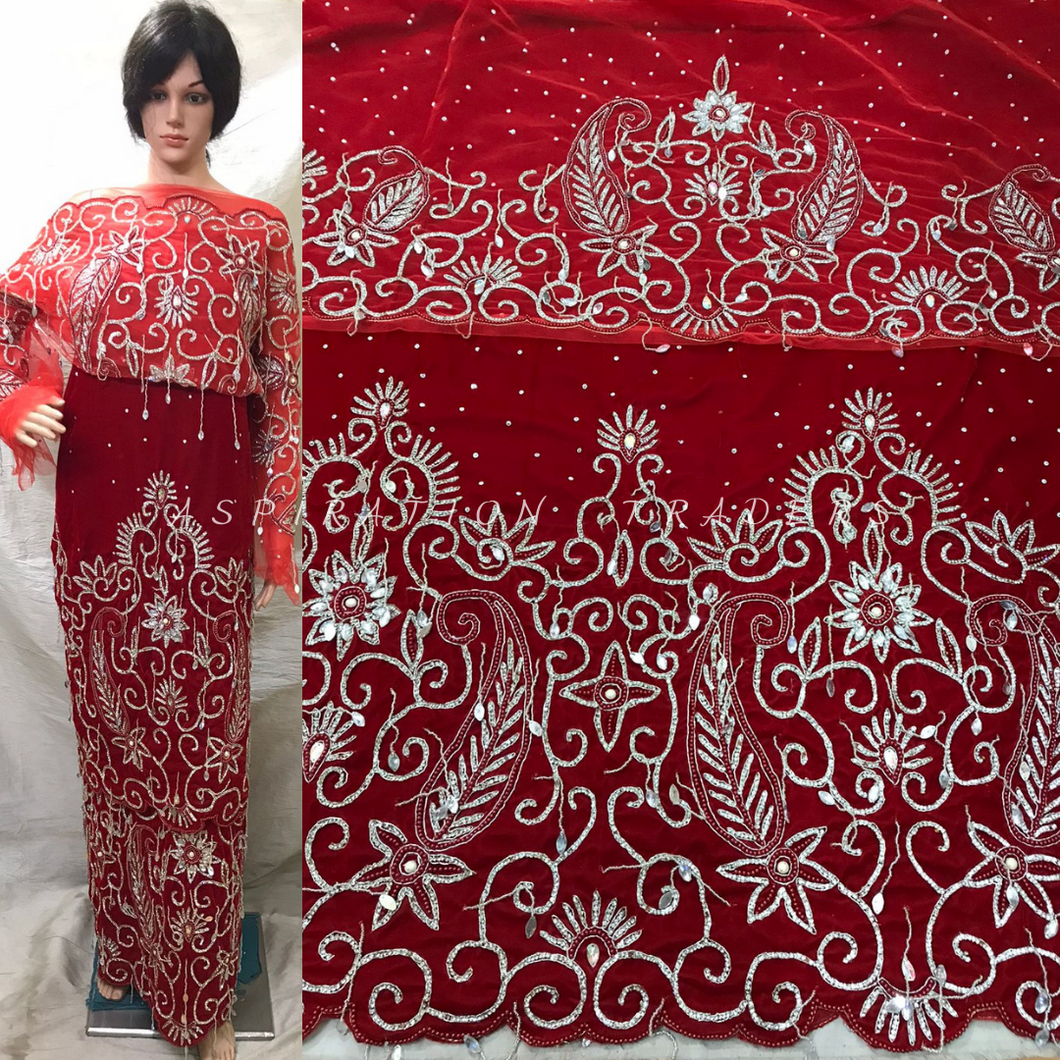 RED Color Velvet Heavy Crystal Beaded George Wrapper For African Weddings- VG003