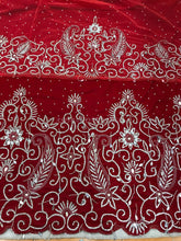 Load image into Gallery viewer, RED Color Velvet Heavy Crystal Beaded George Wrapper For African Weddings- VG003
