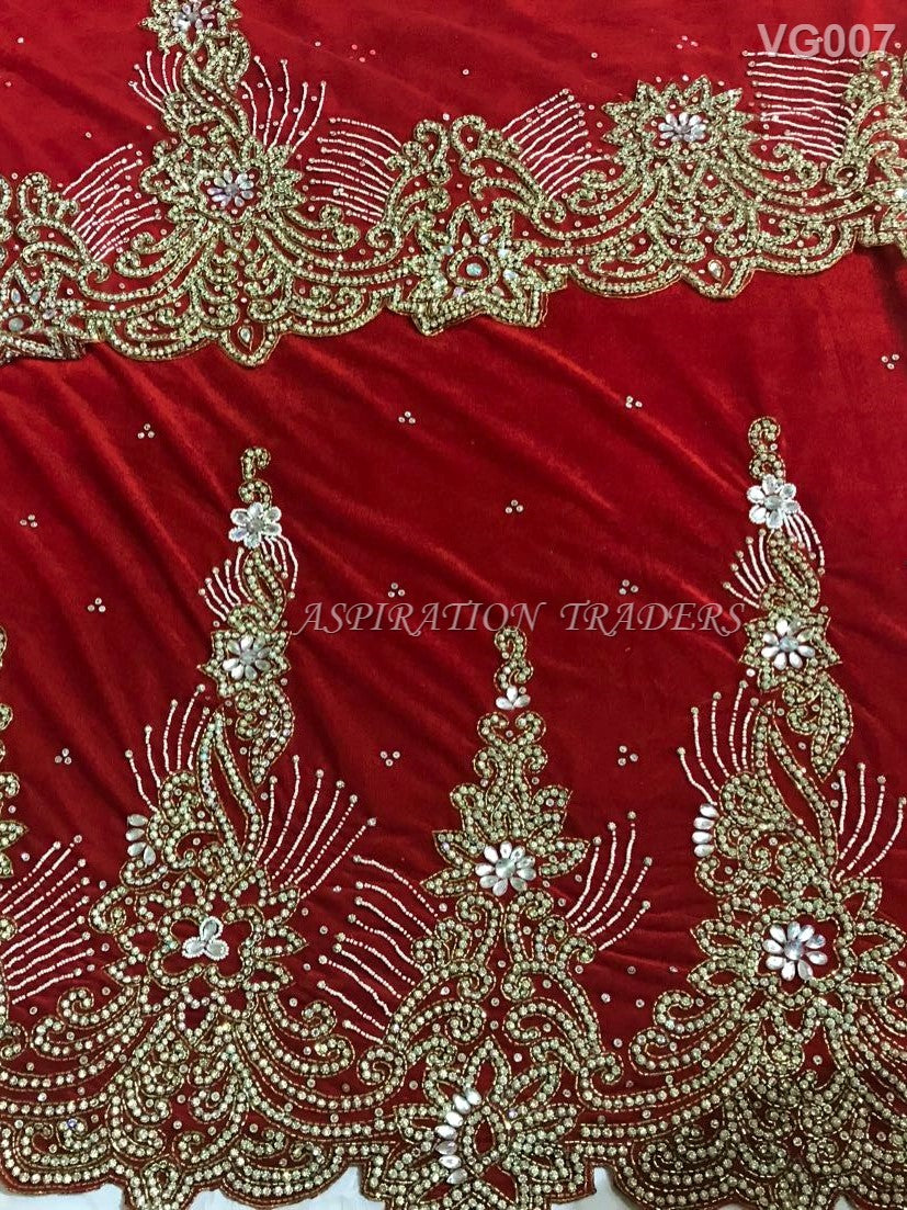 Red Color Crystal Stone Beaded Velvet George Fabric For Igbo Brides- VG007