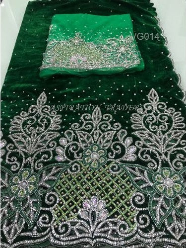 Nigerian Green Crystal Beaded Velvet George Wrapper For Traditional Wear- VG014