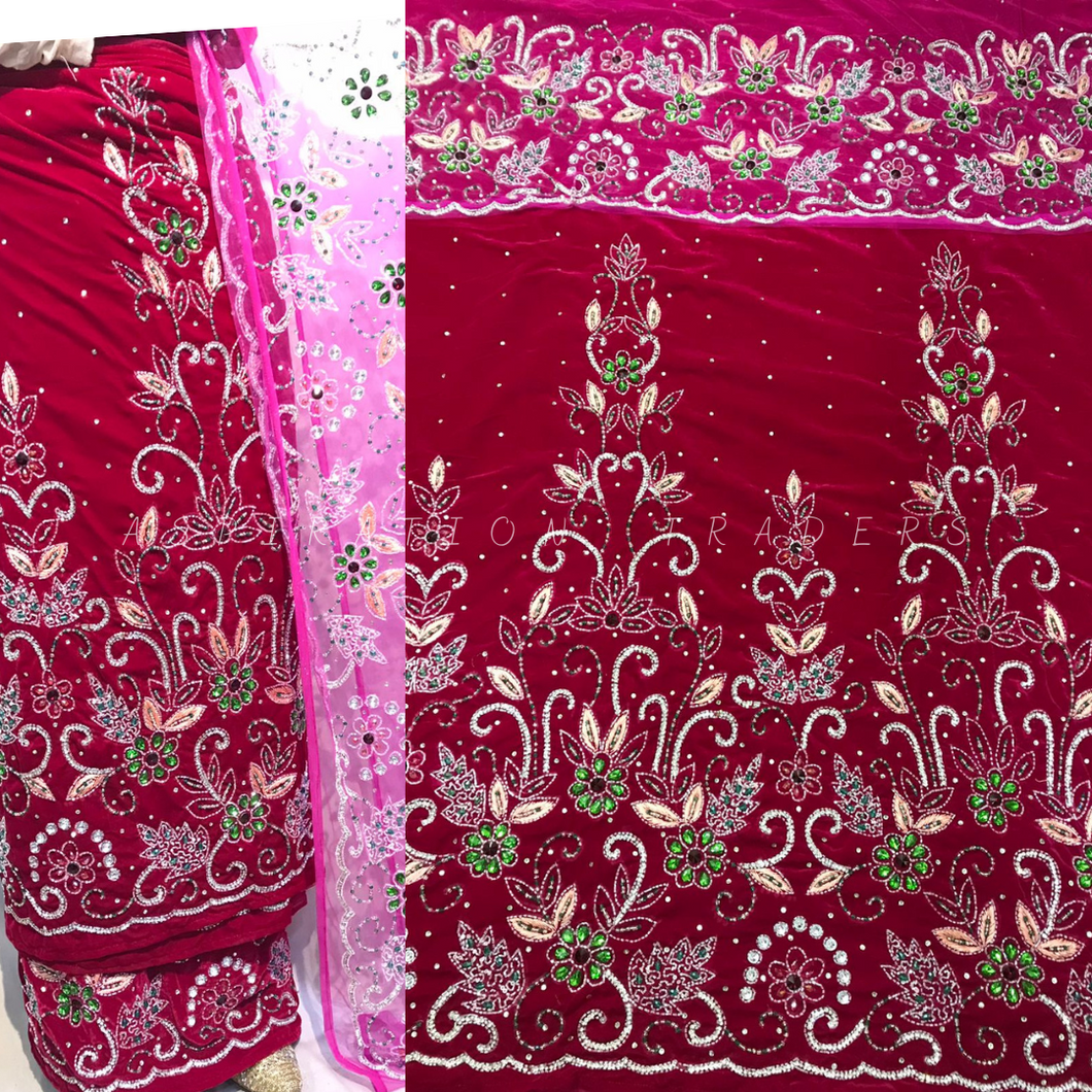 FUSHIA PINK High grade Velvet Heavy Beaded George Wrapper with Net Blouse - VG020