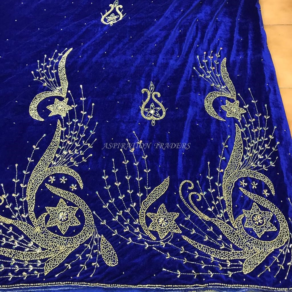 Royal Blue Velvet Fabric Medium Beaded George Wrapper Set - VG021
