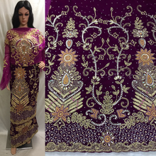 Load image into Gallery viewer, Heavy Beaded Magenta Color Velvet Fabric African George wrapper set - VG024
