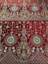 Load image into Gallery viewer, RED Velvet fabric Designer African heavy beaded George wrapper set - VG027
