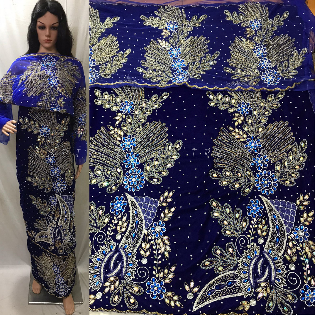 Beautiful Royal Blue Velvet Fabrican Nigerian Pattern Stone beaded George wrapper set - VG028