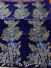 Load image into Gallery viewer, Beautiful Royal Blue Velvet Fabrican Nigerian Pattern Stone beaded George wrapper set - VG028
