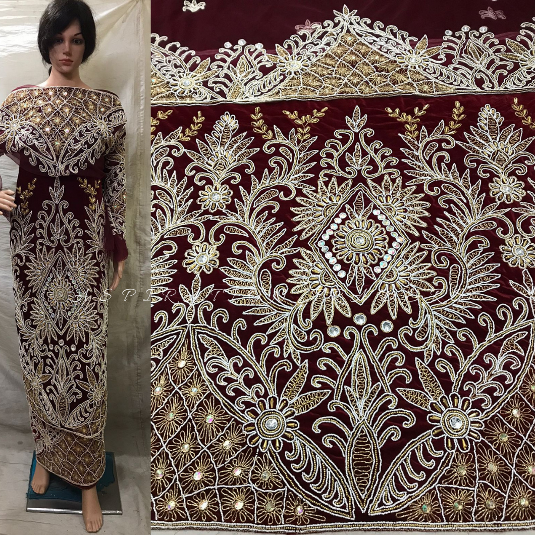 Exclusive  Designer Heavily Beaded Velvet Fabric African George wrapper set - VG030