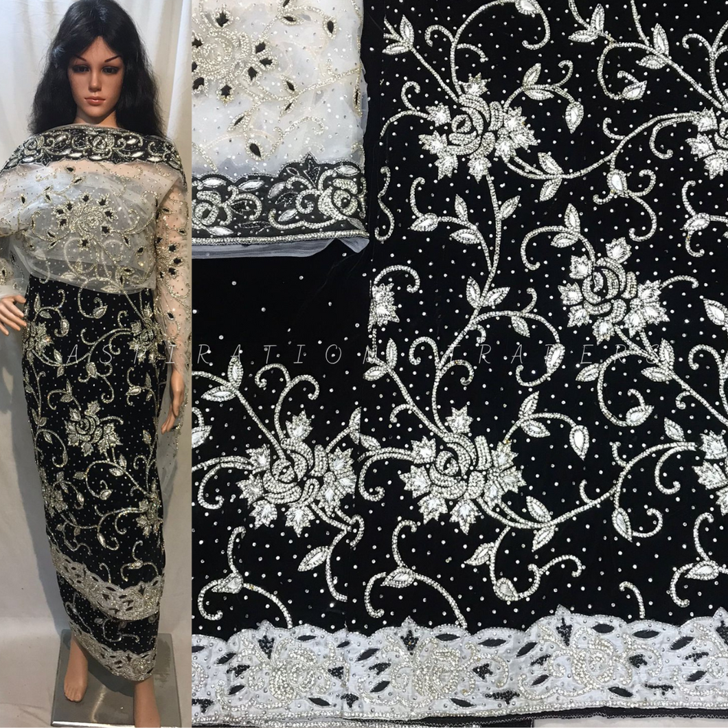 BLACK color Velvet Fabric Silver Work White Border Heavy Beaded George wrapper With Blouse- VG032
