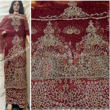 Load image into Gallery viewer, Burgundy Crystal Beaded Net Lace Indian George Wrapper With Fancy Blouse- NLVG023
