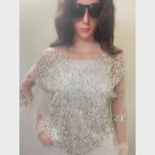 Load and play video in Gallery viewer, SILVER crystal Glass Stone Heavily beaded Net Lace Blouse - BB055

